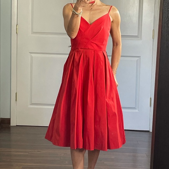 J Crew Red A line V Neck Full Skirt Midi Dress 00 - Picture 3 of 10